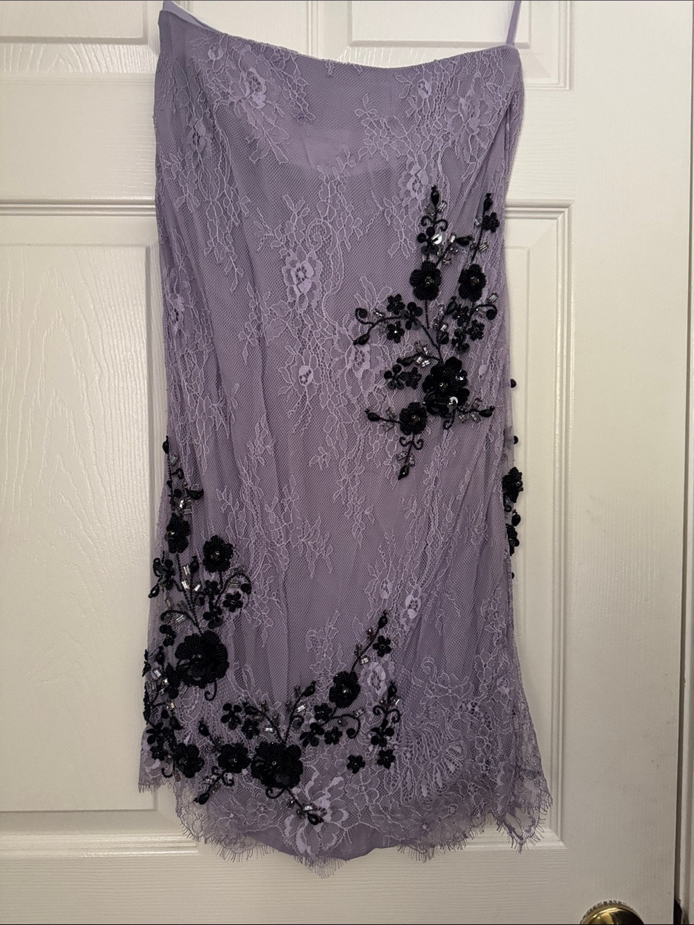Lilac Lace Slip Dress with Black Floral Appliqué